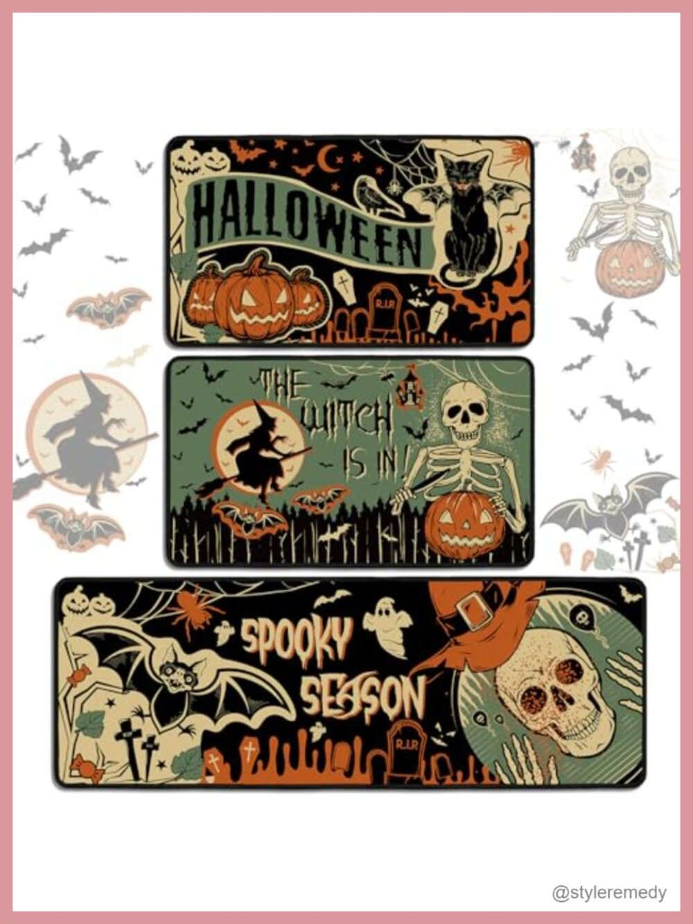 Halloween Kitchen Rugs Set of 3 Non Slip Waterproof Polyester Felt Floor Mats